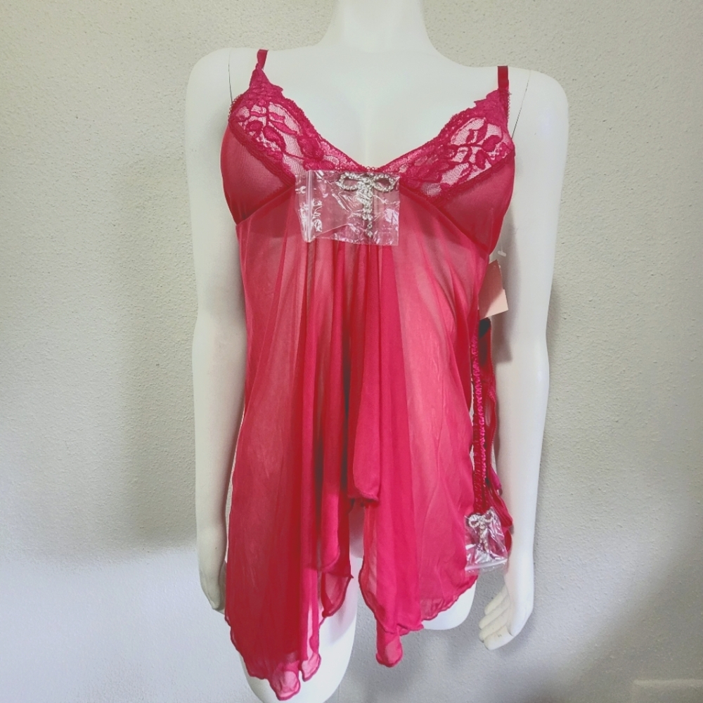 Fuchia Lace Babydoll Lingerie 3 Piece Set